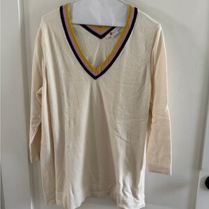 Boden Cream V Neck Knit Top Stripe Trim 3/4 Sleeve Casual Chic Size XL